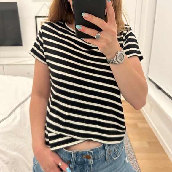 CAbi Short Sleeve Striped Criss Cross T-Shirt Black White Small - Picture 1 of 7